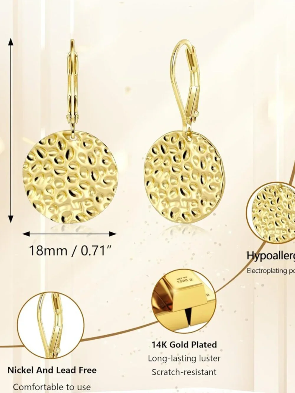 925 Sterling Silver Dangle Earrings for Women, 14K Gold Plated Geometric Flat Ro - Picture 3 of 8